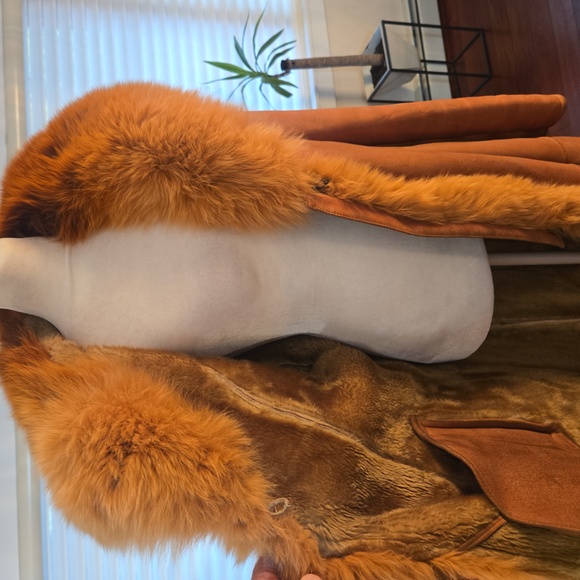 VTG Fox Fur Genuine Leather Shearling Penny Lane Coat XL Tan Brown Womens - Picture 8 of 14